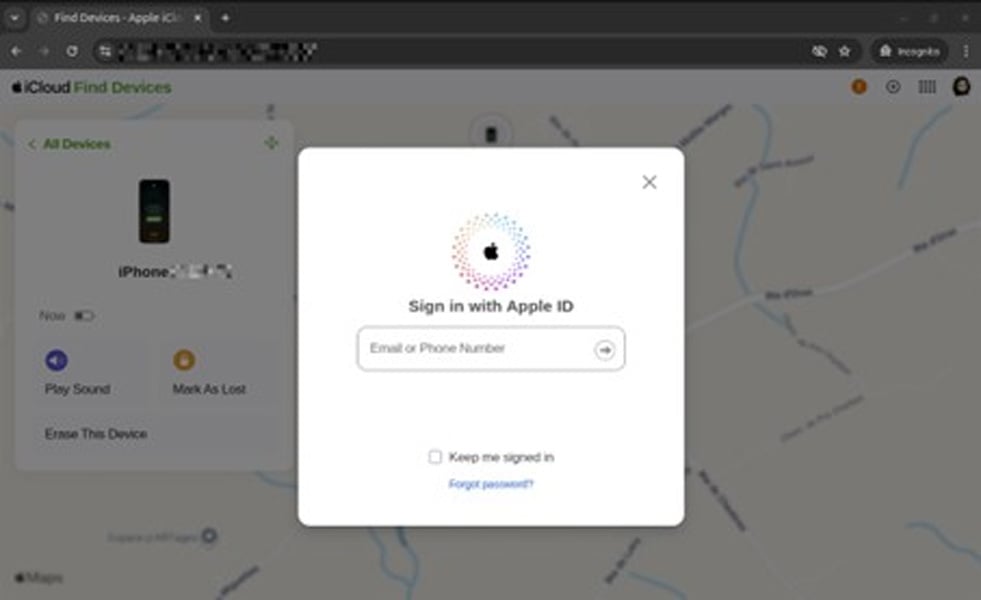 Phishing page impersonating Apple's Find My website